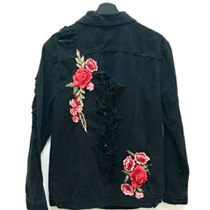 Black Jean Jacket - Deconstructed Floral Details
